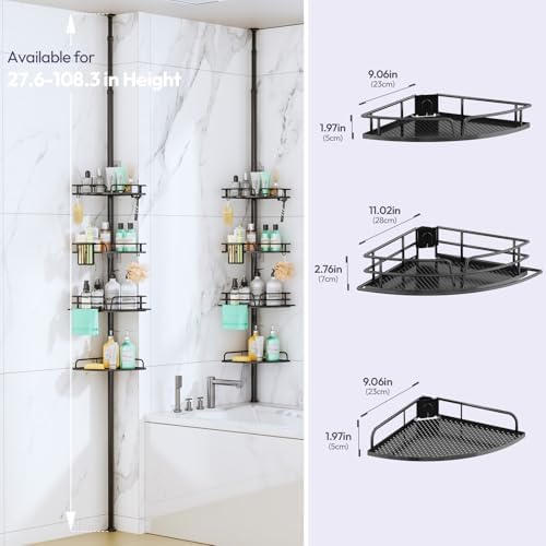 SWTYMIKI Shower Caddy Tension Pole - 4-Tier Corner Shower Organizer Tension Rod, Toothbrush Holder & 4 Hooks, Adjustable Stainless Steel Bathroom Organizer 27.6 to 108.3 inch, Black with Towel Bar