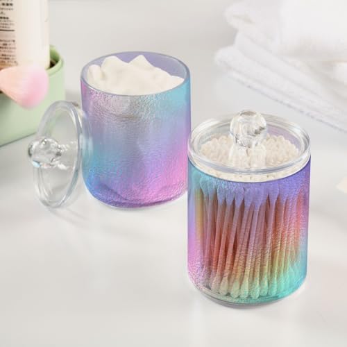 2 PACK Hologram Iridescent Foil Effect Qtip Holder Dispenser for Cotton Swab, Cotton Round Pads, Floss Picks - Plastic Apothecary Jar Set for Bathroom Canister Storage Organization