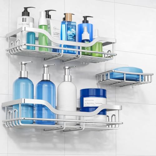 OMAIRA 3-Pack Shower Caddy with Soap Holder, Adhesive Rustproof No-drill Strudy Loading Inside Shower Organizer Shelves Rack Storage Bathroom Organization for Smooth Wall Glass Tile, Sliver