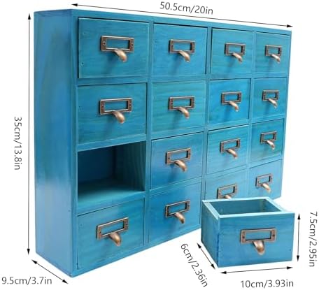 Apothecary Cabinet with 16 Drawers Card Catalog Cabinet, Library Card Catalog Drawer with Metal Handles & Label Slot Wooden Desk Drawer Organizer for Herb Storage, Tea Collection (Blue)