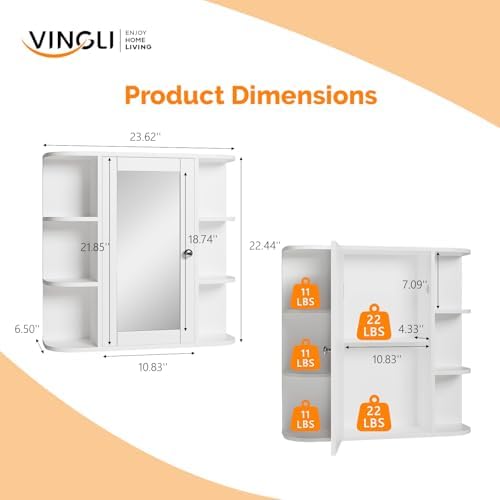 VINGLI Mirror Medicine Cabinet Wall Mounted, Bathroom Storage Organizer Over Toilet with 6 Open Curved Shelves, Adjustable Vanity Cupboard with Single Door for Entryway & Living Room, White