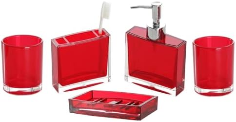 Bathroom Accessories Set, Acrylic Bathroom Accessory Set with Soap Dispenser,Soap Dish, Toothbrush Holder, Tumbler, Modern Bathroom Accessories Decor,Gift for Home (Red-5)