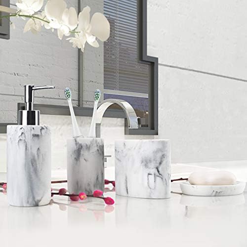 L'ARL GMVOI Bathroom Accessories Set,4 Pieces Marble Bathroom Vanity Countertop Accessory Set with Bathroom Toothbrush Holder Set,Soap Dispenser,Tumbler,Soap Dish for Bathroom Home Decor