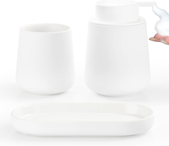 BosilunLife Ceramic Bathroom Accessories Set 3 Pcs | Foaming Soap Dispenser and Toothbrush Holder with Tray, Modern Farmhouse Vanity Decor, White Housewarming Gift