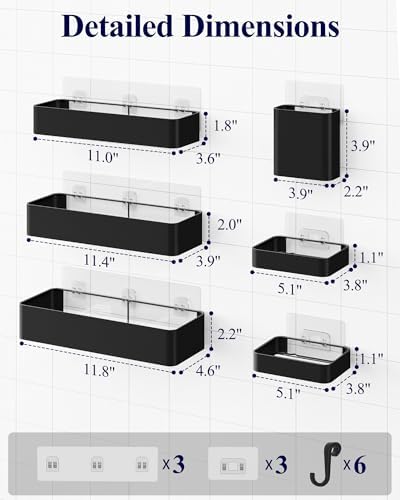 Kitsure Large Shower Caddy - Adhesive 6-Pack Bathroom Shelves, Black