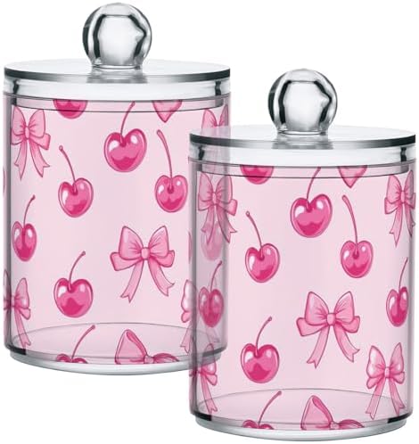 Gredecor 2 Pack Qtip Holder Clear Cherry Red Bows Apothecary Jars with Lids Acrylic Bathroom Jars Vanity Countertop Canister Storage Organizer for Cotton Ball,Swabs,Pads,Floss