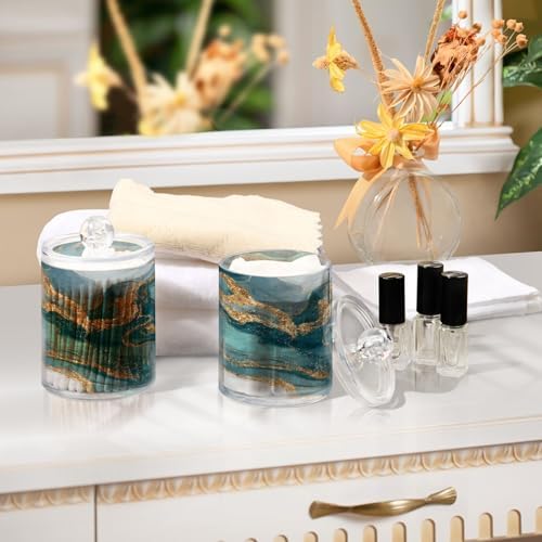 MNSRUU 4 Pack Qtip Holder Organizer Dispenser Teal Green Modern Fluid Art Bathroom Containers Bathroom Vanity Storage Canister Apothecary Jars for Cotton Swabs/Pads/Floss