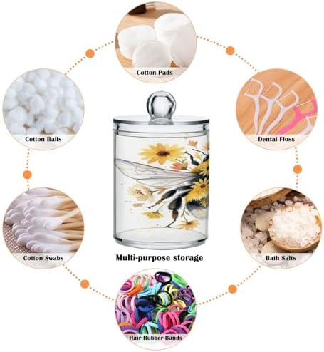 ALAZA Bumble Floral Bee 2 Pack Qtip Holder Dispenser for Cotton Swabs, Balls, Pads, Floss 10 oz Plastic Canister Organizer