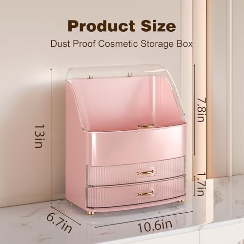 Makeup Organizer Countertop Vanity with Transparent Lid Drawers Waterproof Dustproof Cosmetic Skincare Bathroom Storage Gift for Women Teens Girls (Pink)