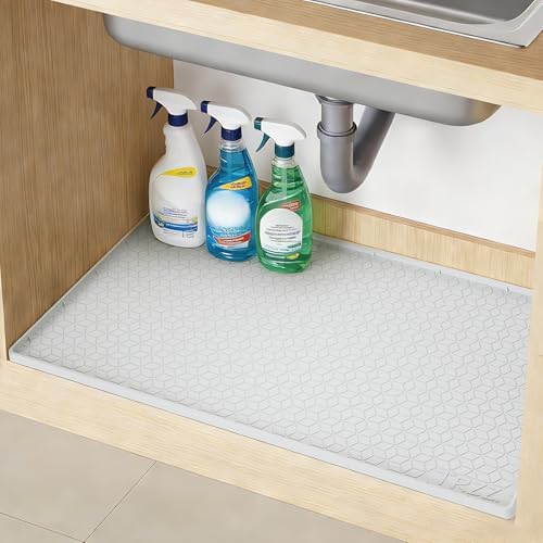 TRZZ Waterproof Under Sink Mat, 28"x22", Drip Tray Shelf Liner, Light Grey