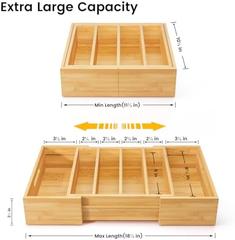 Kiasthome Expandable Bamboo Lid Organizers Inside Cabinet, Kitchen Cabinet Organizers with 3 Adjustable Dividers, Storage Plastic Lids, Food Container Lid Holder Organizer for Drawer Pantry, Nature