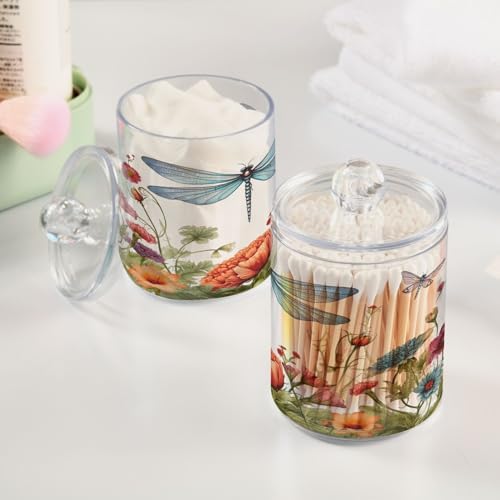 Dragonfly Flowers 2 Pack Qtip Holder Dispenser with Lids, Plastic Storage Containers, Bathroom Canisters Organizer for Cotton Swab, Floss 21214449