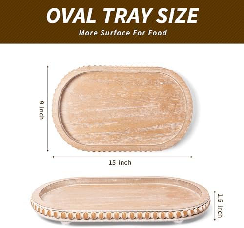 HPC Decor 15in Oval Tray for Home Decor - Brown Wood Beaded Tray - Decorative Serving Tray,Rustic Farmhouse Wooden Trays for Vintage Centerpiece,Kitchen Counter,Living Room Decor,Coffee Table Decor.