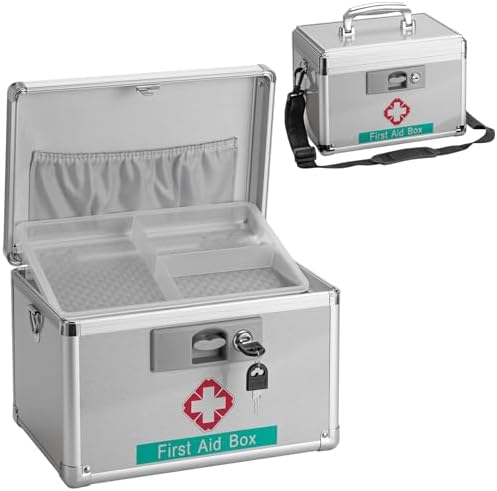 First Aid Box with Key, 11.2 x 7.6 x 7.6 Inches, Empty Lockable Medicine Storage Organizer for Home/Outdoor (Silver/Medium)