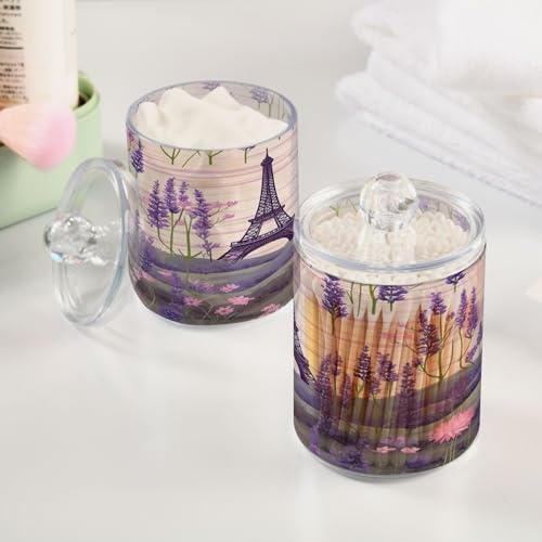 Eiffel Tower Lavender (2) 4 Pack Clear Plastic Qtip Holder Dispenser Set,Bathroom Storage Canister for Cotton Swabs, Balls, Dental Floss,Pads,Organize with Apothecary Jars