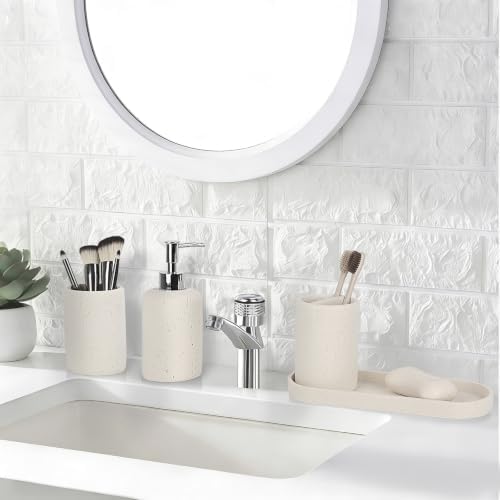 Bathroom Accessories Set,4 Piece Travertine Stone Look Bathroom Accessory Set with Soap Dispenser,Toothbrush Holder,Vanity Tray,Tumbler,Bathroom Organizer for Modern Bathrooms - Off White Cream