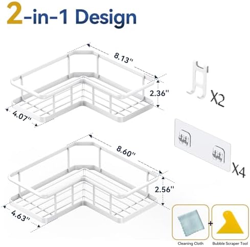 YASONIC Corner Shower Caddy Adhesive, 100% Rustproof Shower Organizer, No Drill Shower Shelf for Inside Shower, Wall-Mounted Shower Storage for Homes (2 Pack, White)