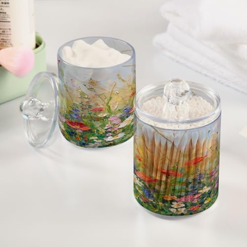 ALAZA Wildflower Watercolor Oil Painting 2 Pack Qtip Holder Dispenser for Cotton Swabs, Balls, Pads, Floss 10 oz Plastic Canister Organizer