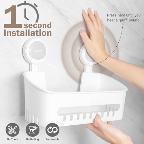 LUXEAR 4 Pack Shower Caddy Set - Suction Cup Shower Shelf+Soap Dish+Hooks - 1 Sec Installation NO-Drill Removable Powerful Waterproof Organizer for Bathroom/Kitchen/RV 22LBS Capacity Removable