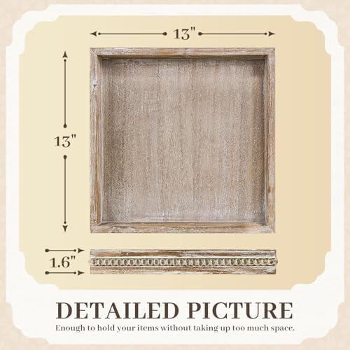 Wooden Decorative Tray, Small Serving Tray with Wood Bead, Farmhouse Big Tray for Ottoman, Countertop, Coffee Tabl, 13" x 13"x 1.6" (White Washed)