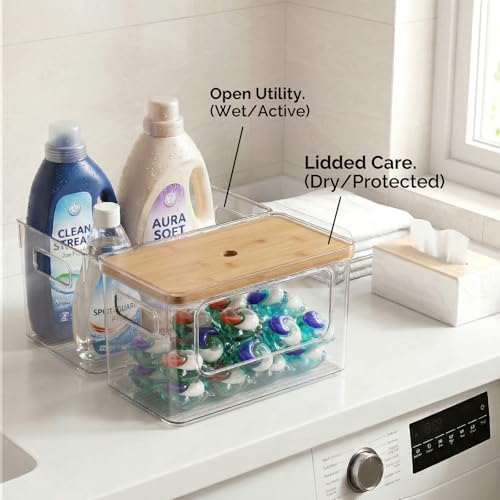 Hudgan 2 in 1 Acrylic Trash Bag Dispenser Under Sink, Garbage Bags Holder with Stackable Bamboo Top for Kitchen, Pantry, Laundry Room