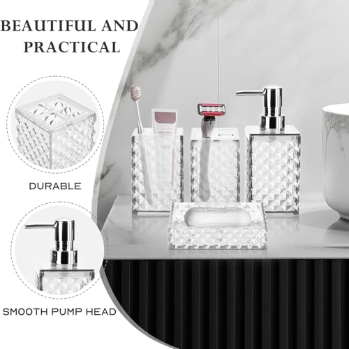 Bathroom Accessory Set, Grid Pattern 4 Pcs Plastic Bathroom Set, White