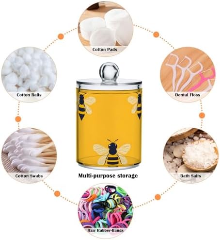 2 Pack Qtip Holder Organizer Dispenser Bees Yellow Pattern Bathroom Storage Canister Cotton Ball Holder Container for Cotton Pads/Swabs/Floss