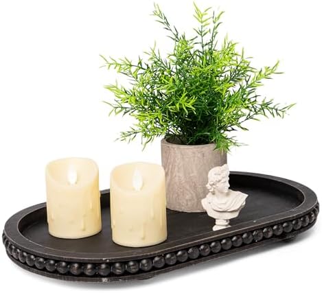 HPC Decor 15in Oval Tray for Home Decor - Black Wood Beaded Tray - Decorative Serving Tray,Rustic Farmhouse Wooden Trays for Vintage Centerpiece,Kitchen Counter,Living Room Decor,Coffee Table Decor.