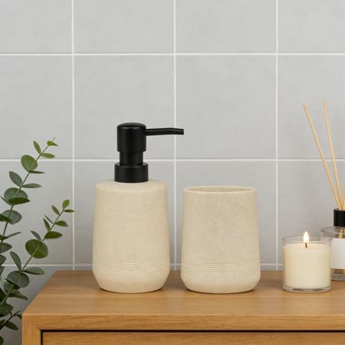 2Pcs Beige Resin Bathroom Set, Soap & Toothbrush Holder, Minimalist