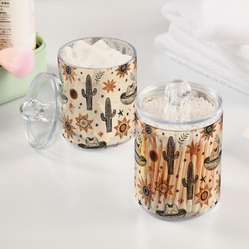 2 Pack Qtip Holder Organizer Dispenser Western Cowboy Hats Suns Cactus Bathroom Storage Canister Cotton Ball Holder Container for Cotton Pads/Swabs/Floss
