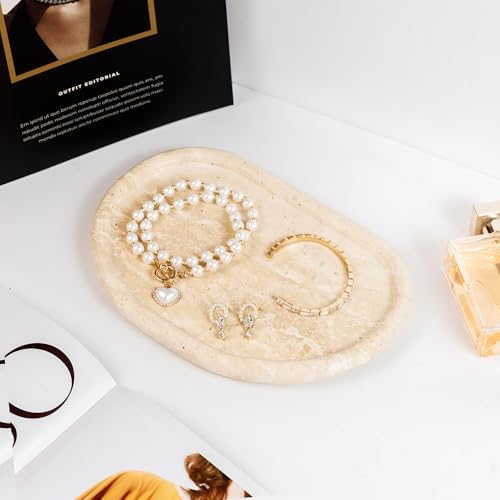 Natural Travertine Tray, Special-Shaped Jewelry Tray, Marble Ring Dish for BathroomCountertop, Nightstand,Dressing Table, Bedside Table, Home Decor, Beige(Middle)(NS025)