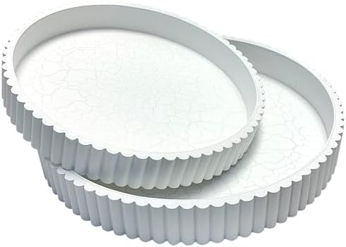 Modern Table 2pcs Nested Round Decorative Trays - Circle Coffee Table Centerpiece Set 12"/10" - Wooden White Crack Finish Bandejas with Fluted Edge