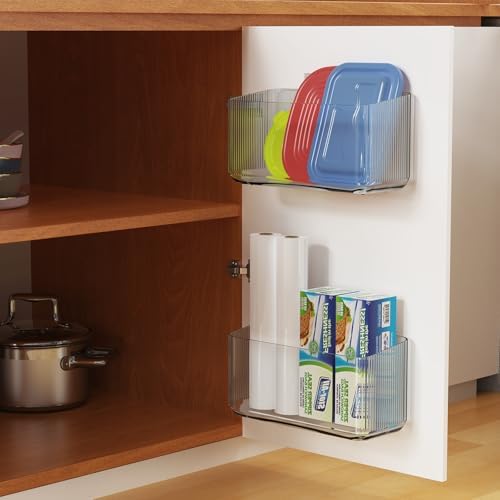 MaraFansie 4 Pack Over Cabinet Organizer Storage Lid Organizer Caddy Space Saver No Drilling Adhesive Hook Over Door Organizer, Clear Gray