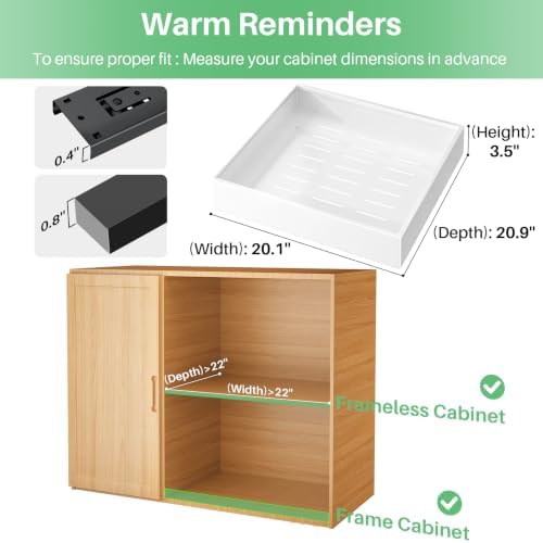 Pull out Cabinet Organizer,21"Deep, 20"Wide Heavy Duty Full-Extension Slide out Drawers Fixed with Nano Adhesive,Roll Out Shelves Sliding Cabinet for Kitchen,Bathroom,Pantry,under sink Storage(White)