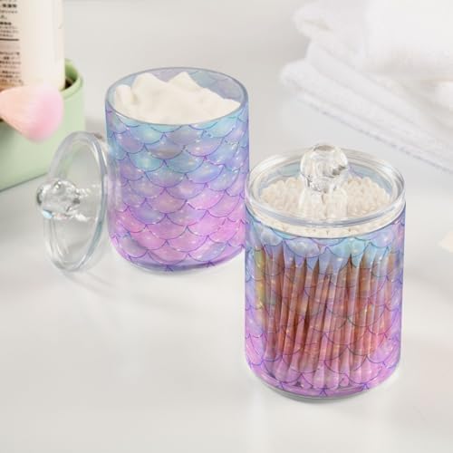 MNSRUU 4 Pack Qtip Holder Organizer Dispenser Pink Blue Mermaid Scales Bathroom Containers Bathroom Vanity Storage Canister Apothecary Jars for Cotton Swabs/Pads/Floss