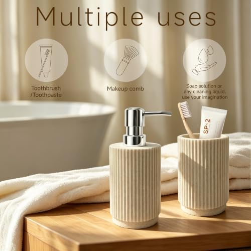 2Pcs Beige Bathroom Set, Striped Resin Soap & Toothbrush Holder, Boho