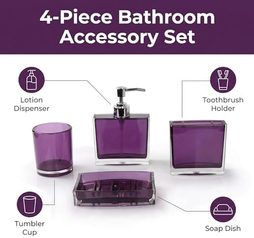 Bathroom Accessories Set, Acrylic Bathroom Accessory Set with Soap Dispenser,Soap Dish, Toothbrush Holder, Tumbler, Modern Bathroom Accessories Decor,Gift for Home (Purple-4)