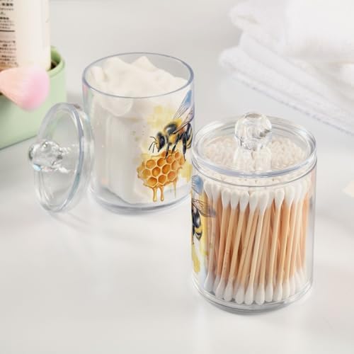 Fustylead 4 Pack Watercolor Bee on Honeycomb Plastic Apothecary Jars with Lid, Bathroom Vanity Storage Organizer Canister for Qtip, Cotton Ball, Swab, Round Pads, Floss
