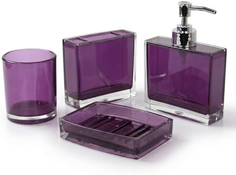 Bathroom Accessories Set, Acrylic Bathroom Accessory Set with Soap Dispenser,Soap Dish, Toothbrush Holder, Tumbler, Modern Bathroom Accessories Decor,Gift for Home (Purple-4)