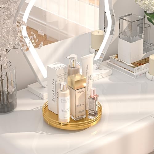 Oroyutor 9-Inch Oak Lazy Susan Vanity Tray with Gold Metal Rail