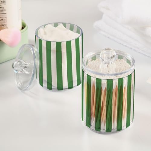 ALAZA Green White Striped 4 Pack Qtip Holder Dispenser for Cotton Swabs, Balls, Pads, Floss 10 oz Plastic Canister Organizer