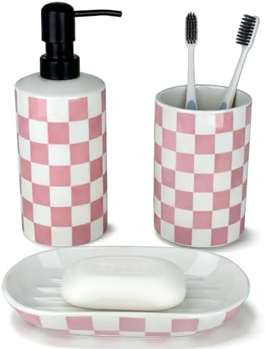 Pink Bathroom Toothbrush holder set, Cute Ceramic Bathroom Accessories, Includes Hand Soap Dispenser, Tooth Brush Holder, and Soap Dish, Funny Bathroom Accessories sets for Girls Woman Guest Bathrooms