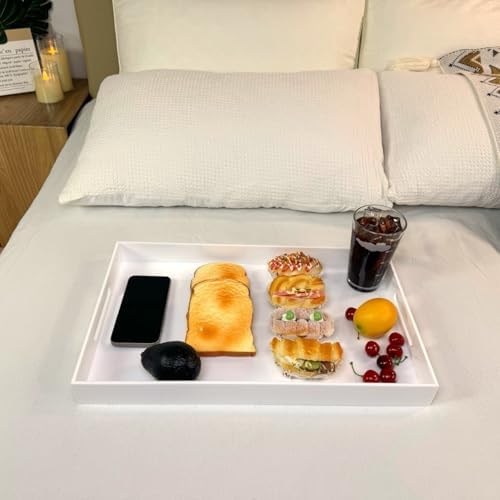 KEVLANG Glossy White Sturdy Acrylic Serving Tray with Handles-12x20 Inch-Serving Coffee Appetizer Breakfast-Kitchen Countertop Makeup Drawer Organizer-Vanity Table Ottoman Decorative Tray