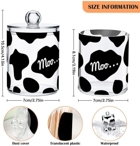 Cow Print Red Heart 4 Pack Plastic Qtips Holder Bathroom Organizer Canisters for Cotton Balls/Swabs/Pads/Floss,Plastic Apothecary Jars for Vanity