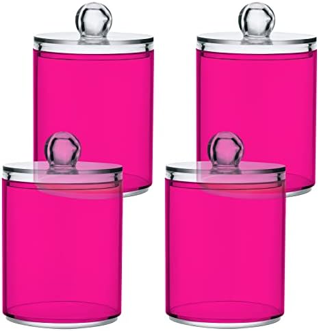 SHJI Deep Pink Qtip Holder Organizer Dispenser Cotton Swabs Cans Plastic Jars with Lid Set 2 Pack Bathroom Storage Canister for Cotton Ball Floss Cotton Pads