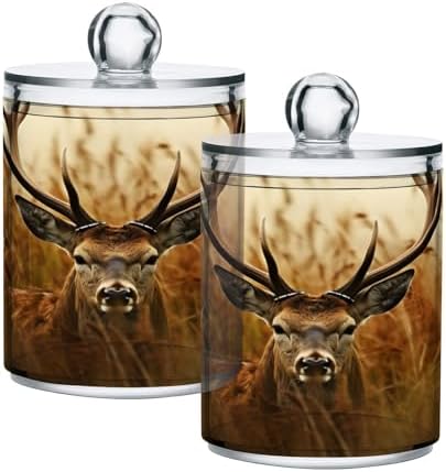 4 Pack Apothecary Jars Bathroom Antler Deer Qtip Holder Dispenser Clear Plastic Storage Canister Jar with Lid for Cotton Ball, Cotton Swab
