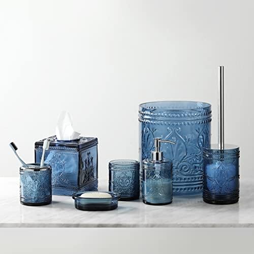 4PCs Teal Blue Glass Bathroom Accessories Set with Decorative Pressed Pattern - Includes Hand Soap Dispenser & Tumbler & Soap Dish & Toothbrush Holder (Dark Blue)