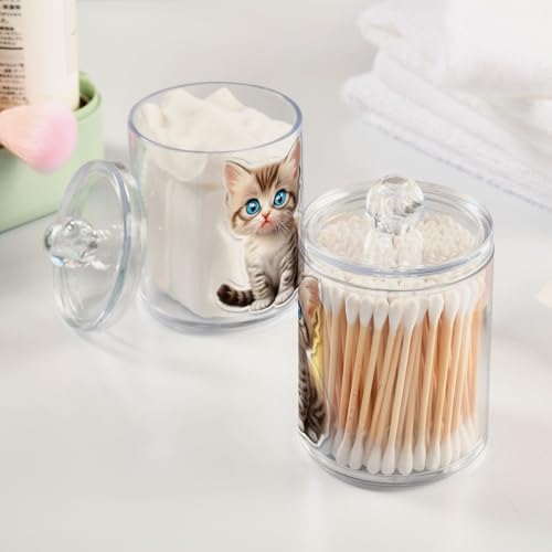 Cat Animal Cute 4 Pack Plastic Qtips Holder Bathroom Organizer Canisters for Cotton Balls/Swabs/Pads/Floss,Plastic Apothecary Jars for Vanity