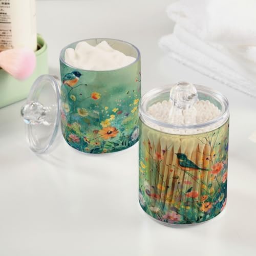 senya Clear Plastic Jars Cotton Swabs Cans, Bird Wildflowers Emerald Green Bathroom Canisters Storage Organizer with Lids 2PCs Set for Cotton Ball, Cotton Swab, flossers, Hair Bands