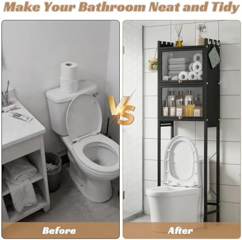 Over the Toilet Storage Cabinet, Above Toilet Storage Rack with Doors, 3-Tier Large Capacity Bathroom Organizer Shelf, Metal Waterproof Bathroom Rack for Home, Restroom, Laundry Black